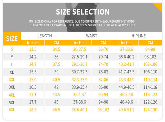 The size chart of high waist shaping shorts